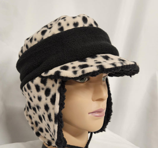 Black Spots on Beige Fleece Aviator Hat with Visor