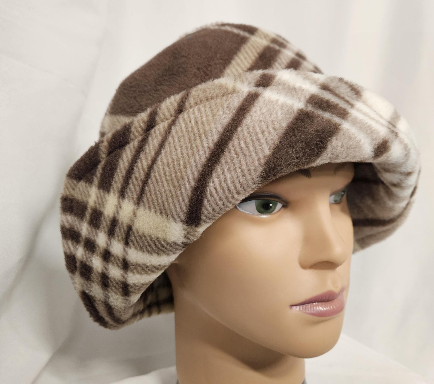 Brown and Cream Plaid Anti Pill Fleece Winter Flapper Hat