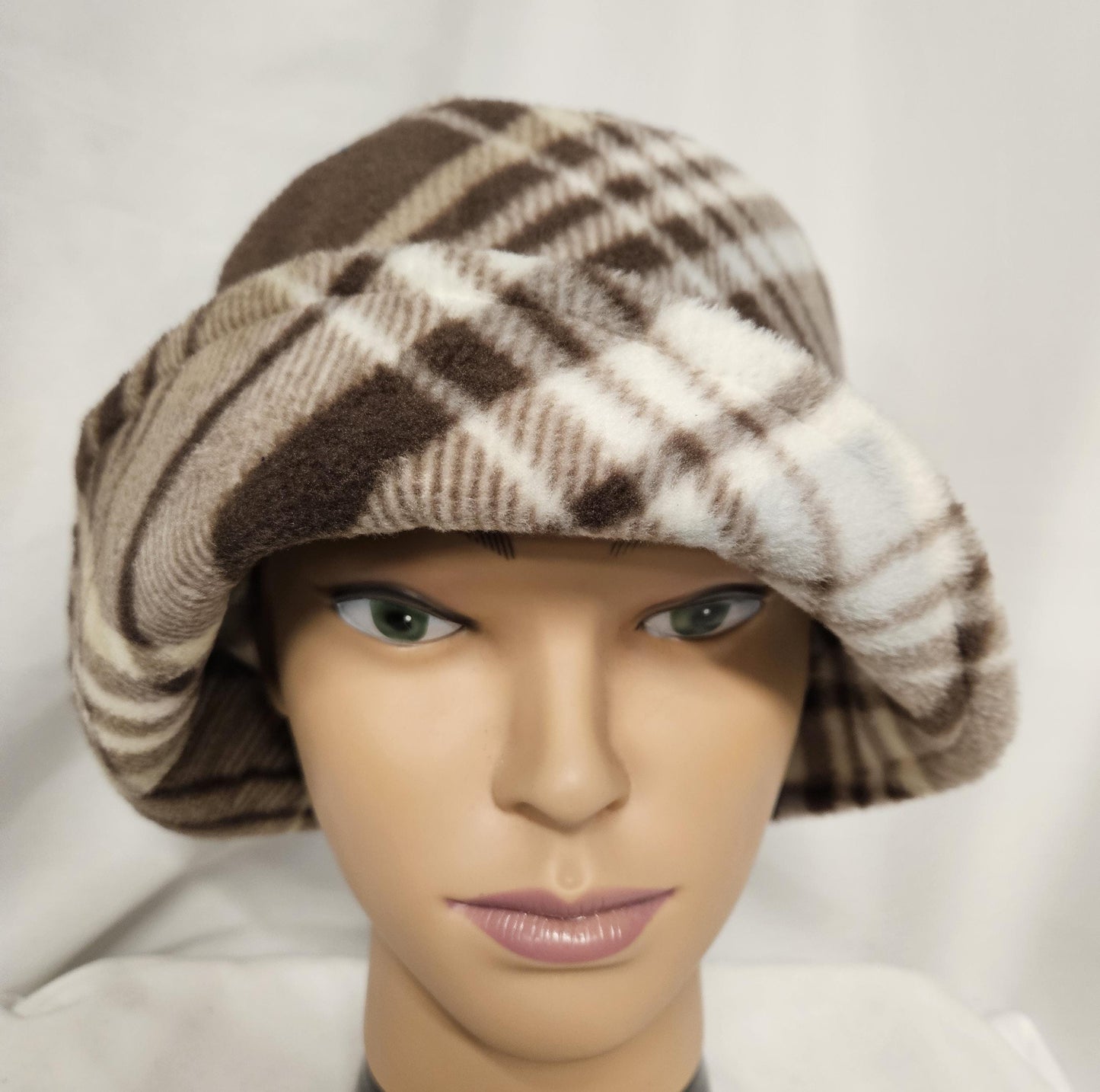 Brown and Cream Plaid Anti Pill Fleece Winter Flapper Hat