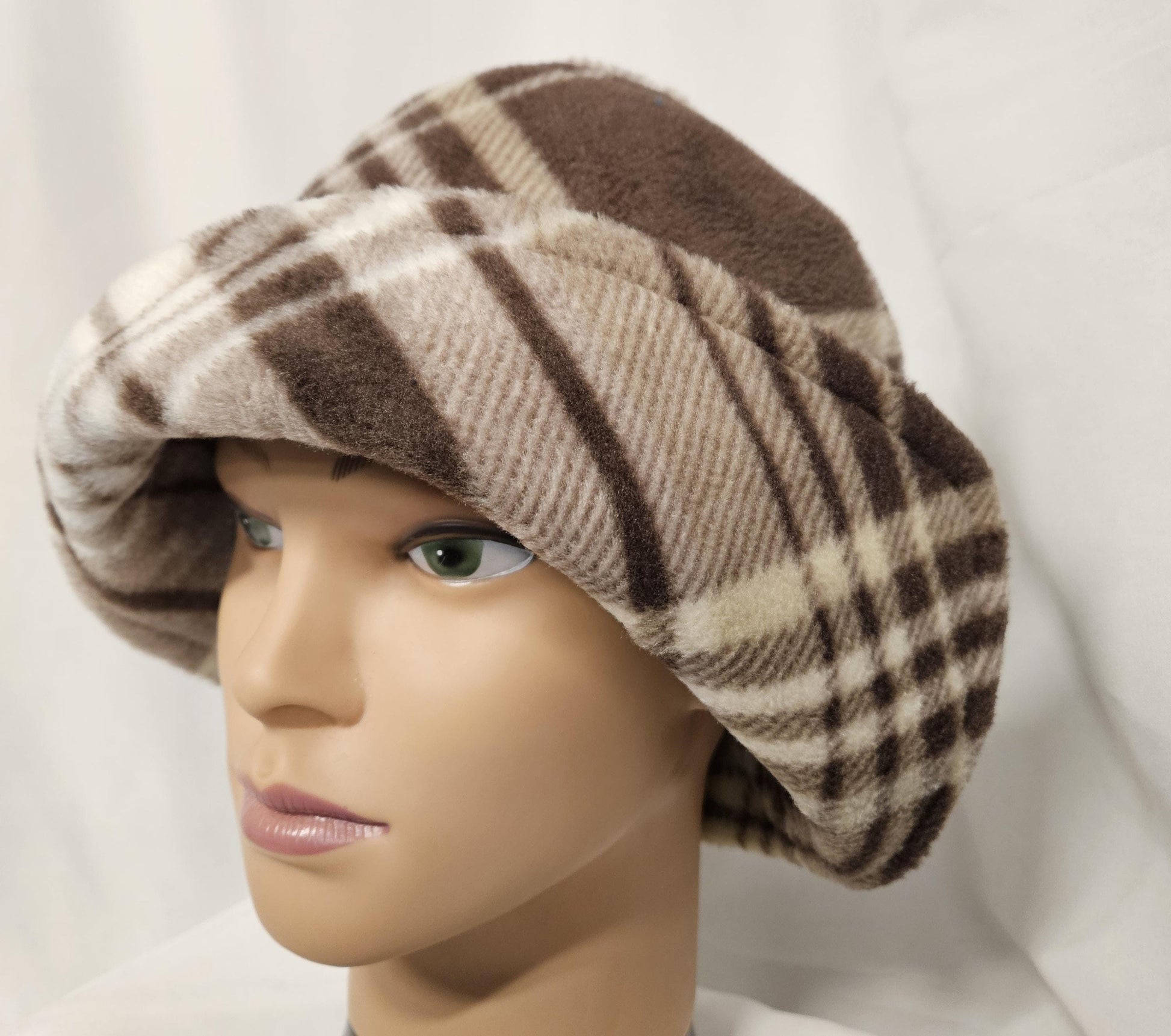Brown and Cream Plaid Anti Pill Fleece Winter Flapper Hat
