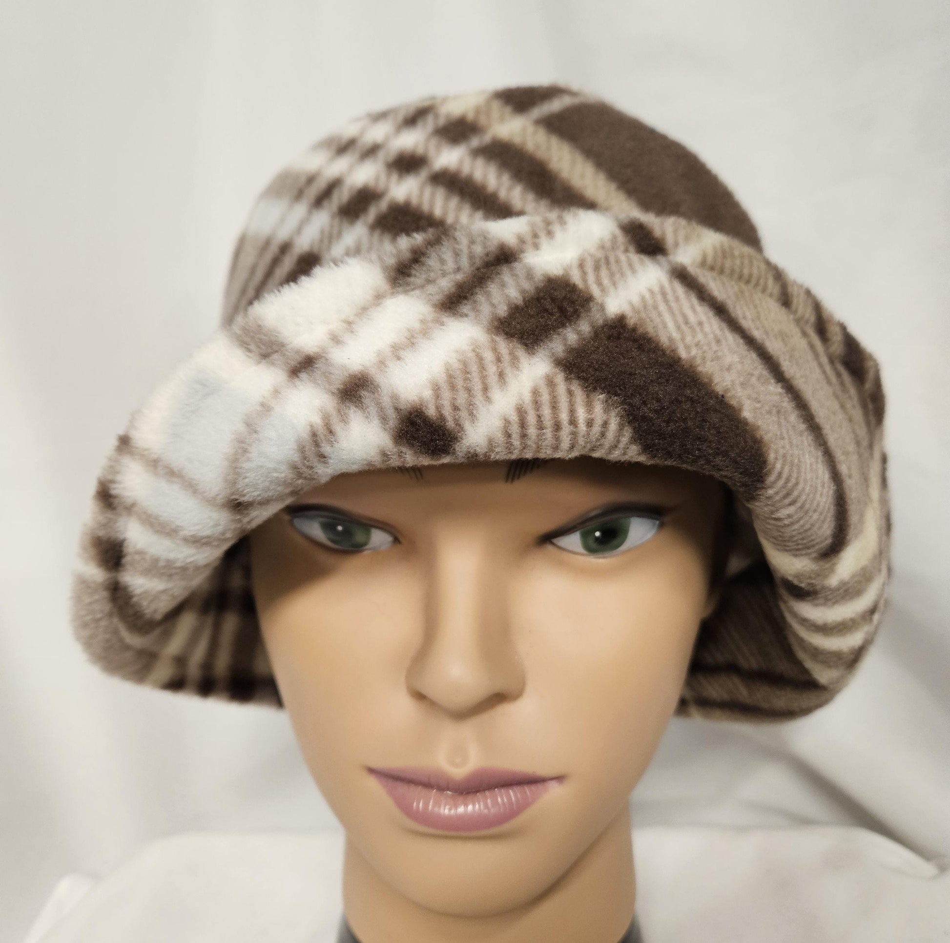 Brown and Cream Plaid Anti Pill Fleece Winter Flapper Hat