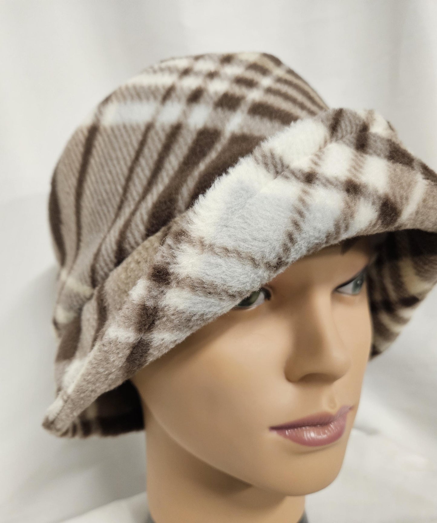 Brown and Cream Plaid Anti Pill Fleece Winter Flapper Hat