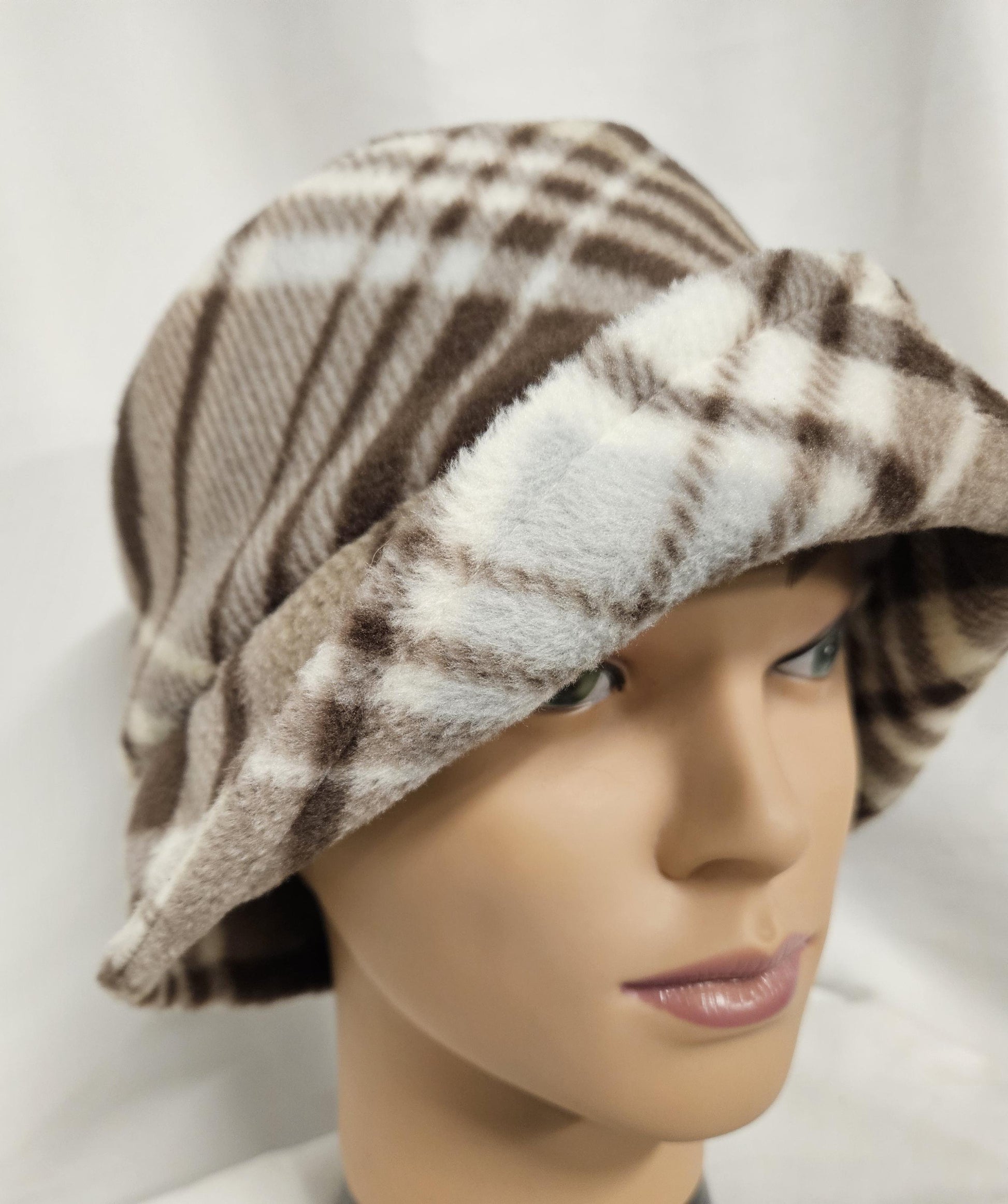 Brown and Cream Plaid Anti Pill Fleece Winter Flapper Hat