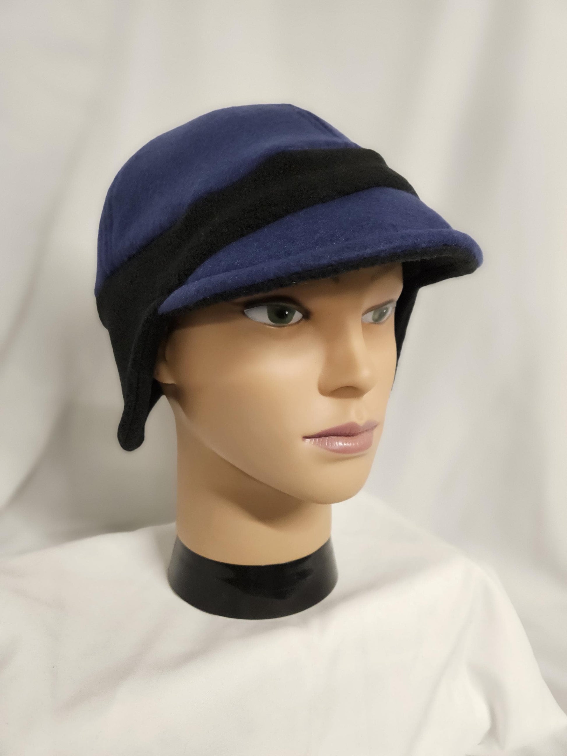 Blue with Black Trim Fleece Winter Cap with Visor: Fleece Winter Cap with Visor, unisex with ear protection, Medium Size 22.5" circumference