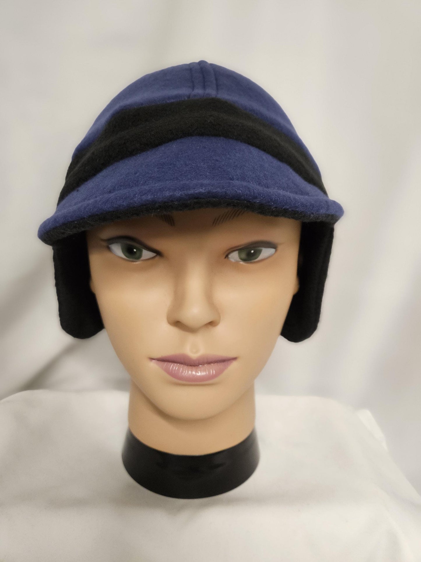 Blue with Black Trim Fleece Winter Cap with Visor: Fleece Winter Cap with Visor, unisex with ear protection, Medium Size 22.5" circumference