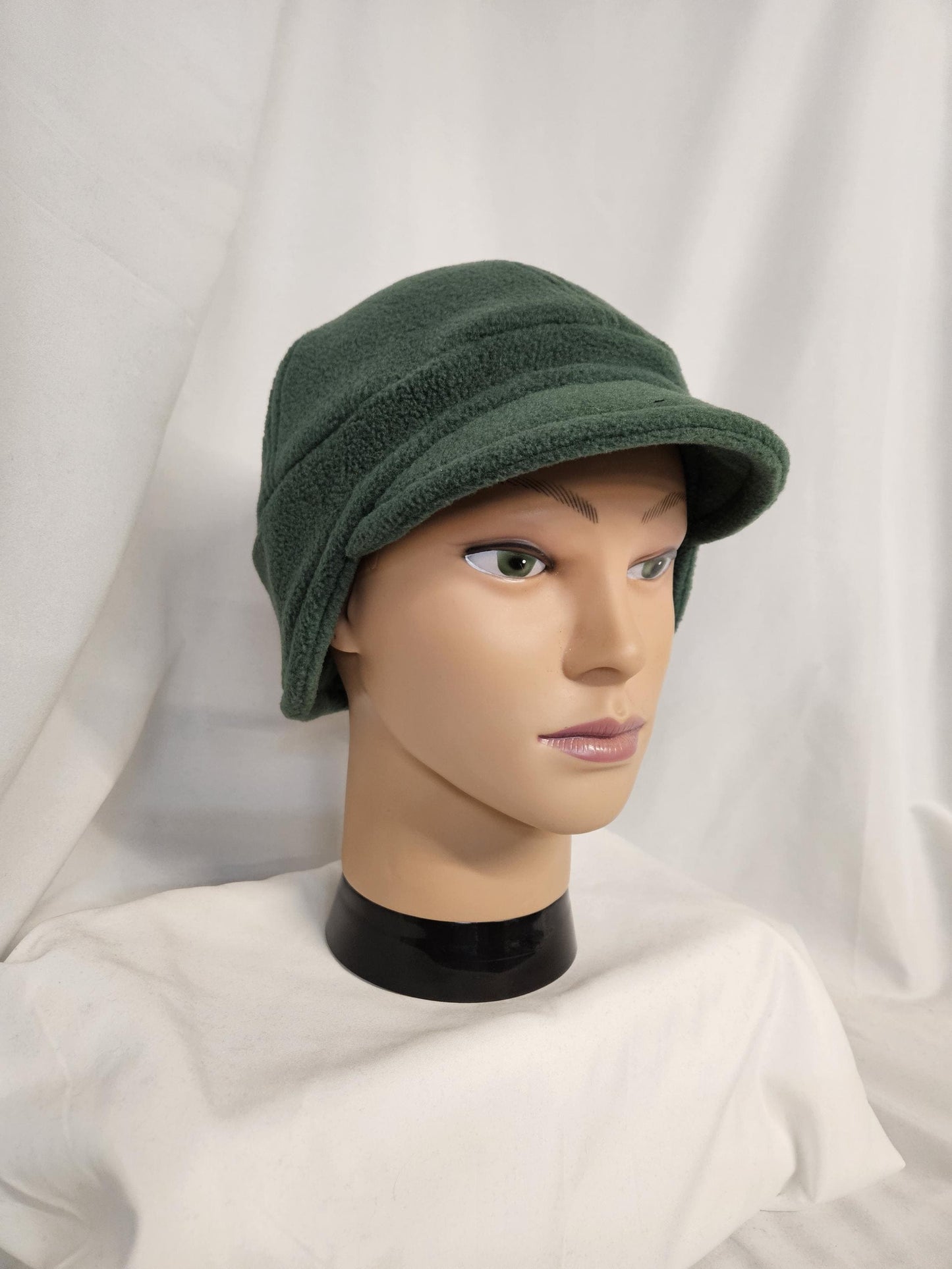 Green Fleece Winter Cap with Visor: Fleece Winter Cap with Visor, unisex with ear protection, Medium Size 22.5" circumference