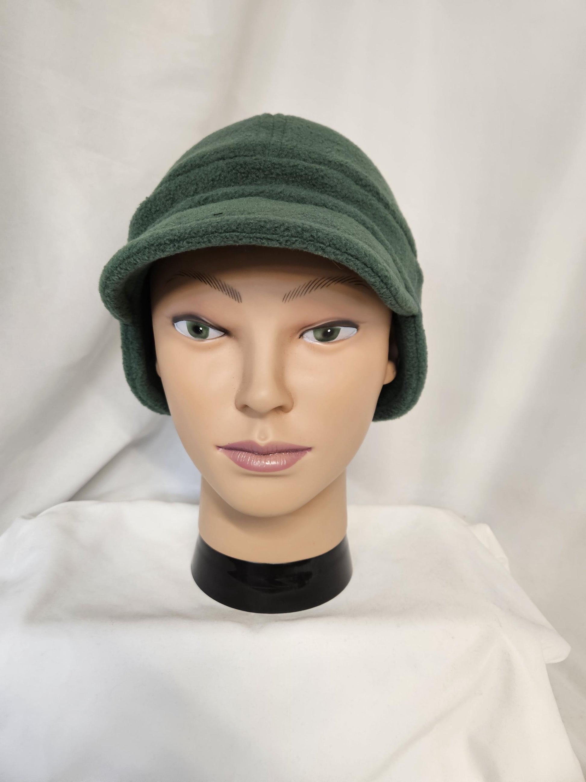 Green Fleece Winter Cap with Visor: Fleece Winter Cap with Visor, unisex with ear protection, Medium Size 22.5" circumference