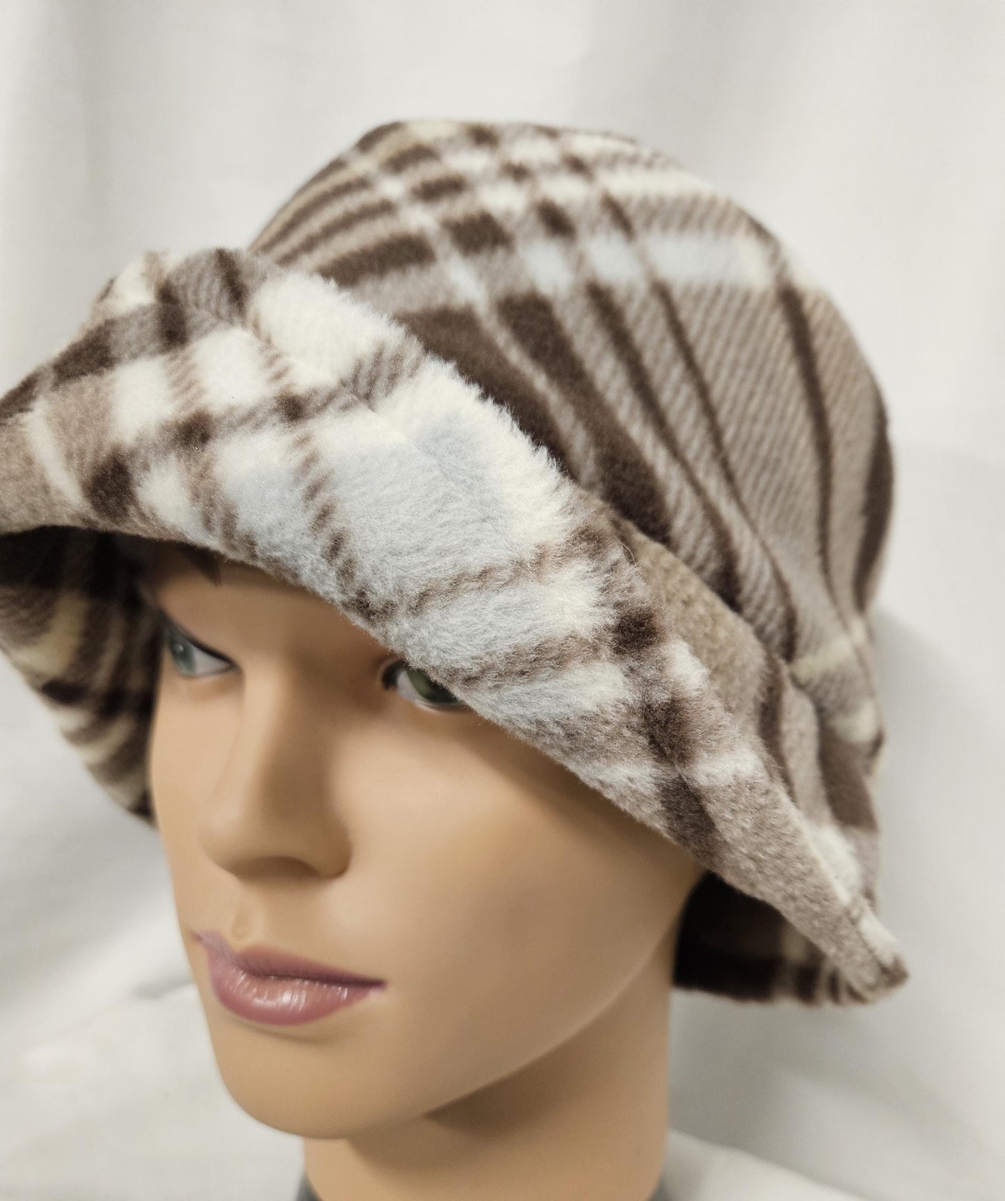 Brown and Cream Plaid Anti Pill Fleece Winter Flapper Hat