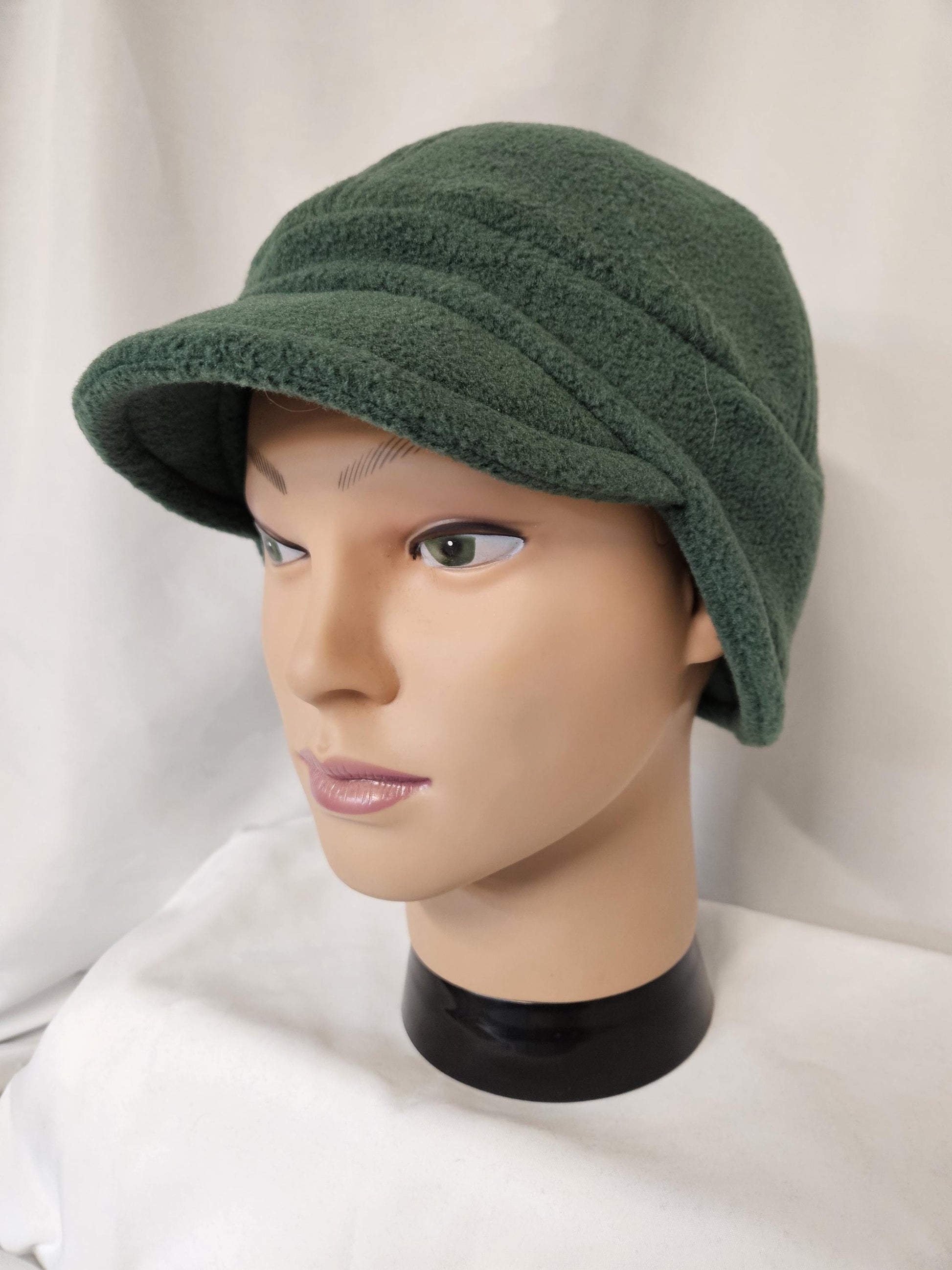 Green Fleece Winter Cap with Visor: Fleece Winter Cap with Visor, unisex with ear protection, Medium Size 22.5" circumference