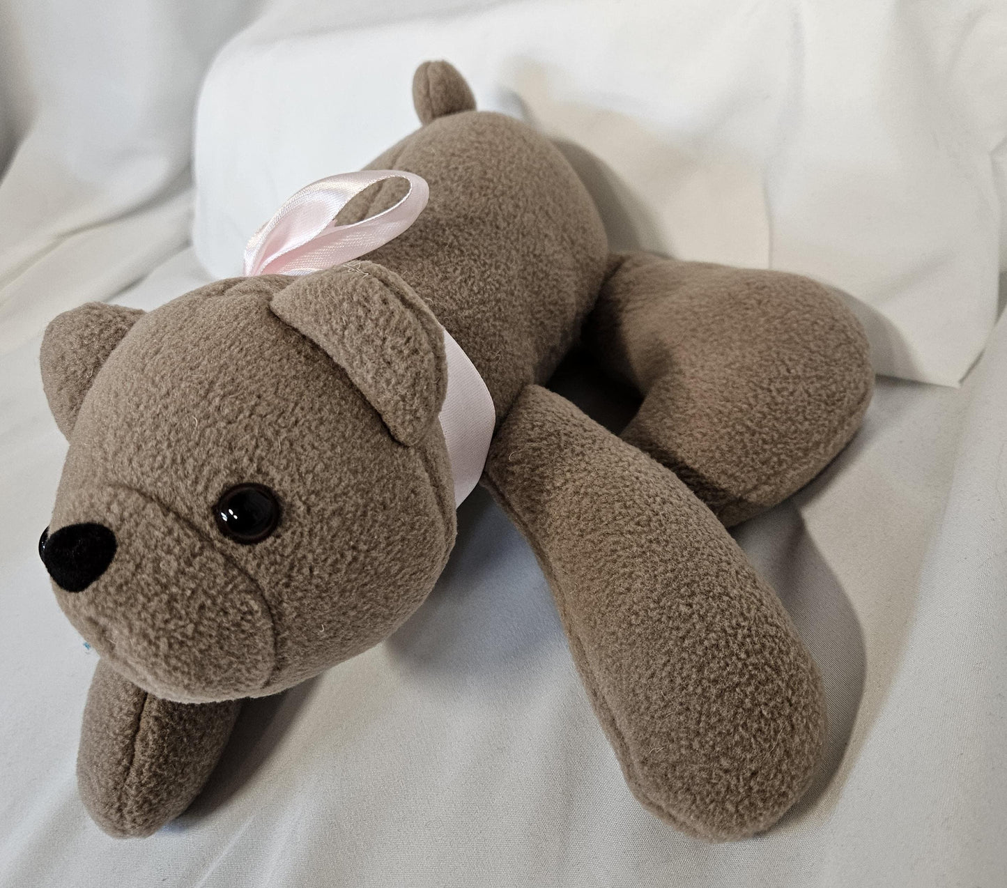 Honey Bear Lovey with Pink Ribbon; Bear Snuggler; Bear Snuggle Buddy; Emotional Support Toy; Baby Shower; Gift for Toddler