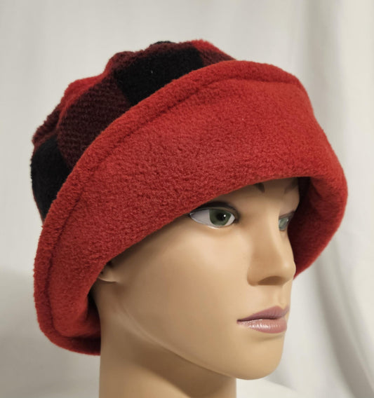 Red and Black Buffalo Check with Black Flapper Anti Pill Fleece Winter Flapper Hat Size Medium Left Flap