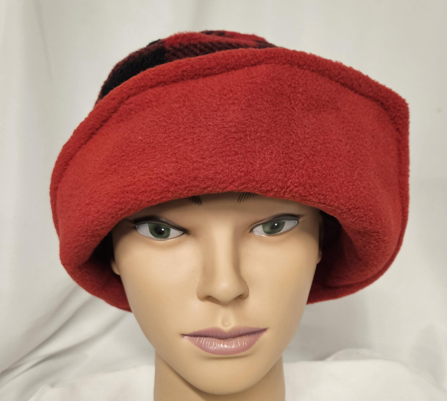 Red and Black Buffalo Check with Black Flapper Anti Pill Fleece Winter Flapper Hat Size Medium Left Flap