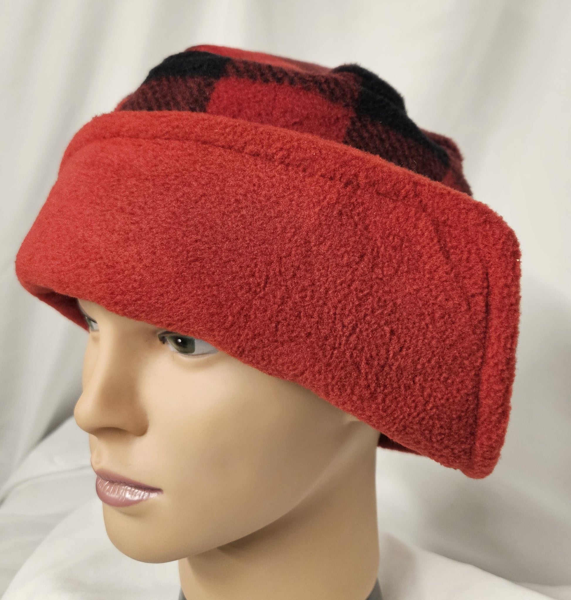 Red and Black Buffalo Check with Black Flapper Anti Pill Fleece Winter Flapper Hat Size Large with Left Side Flap