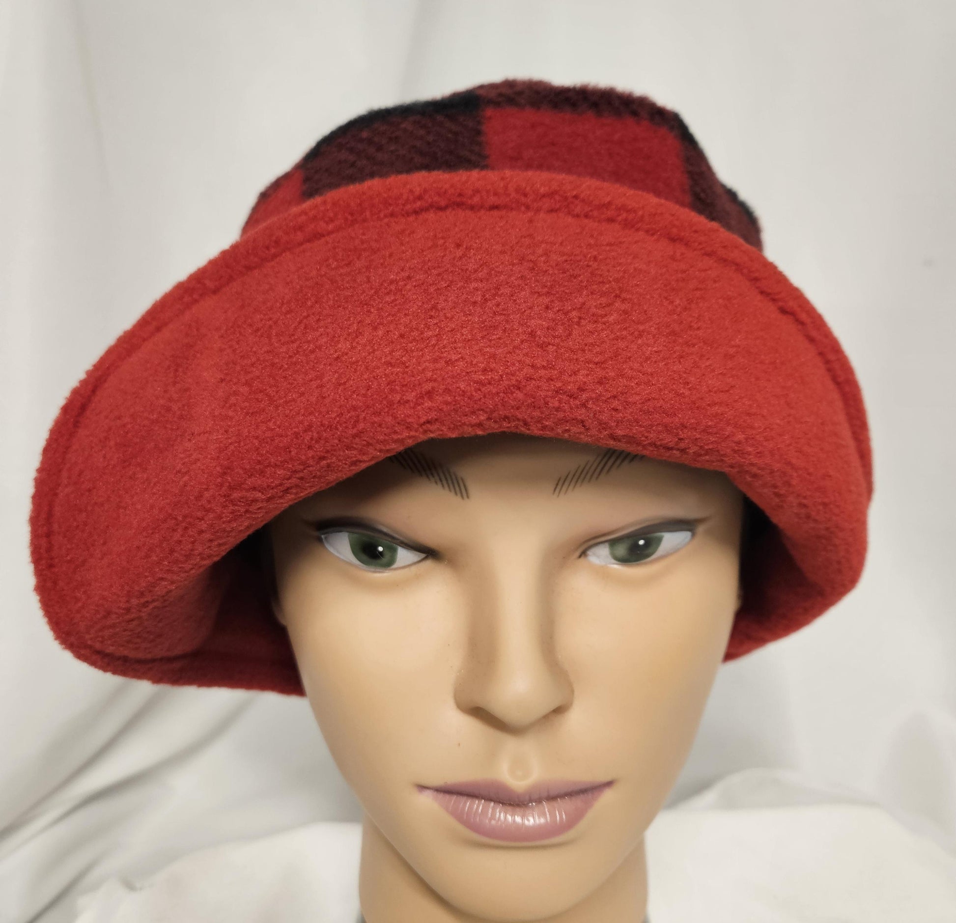 Red and Black Buffalo Check with Black Flapper Anti Pill Fleece Winter Flapper Hat Size Large with Right Flap
