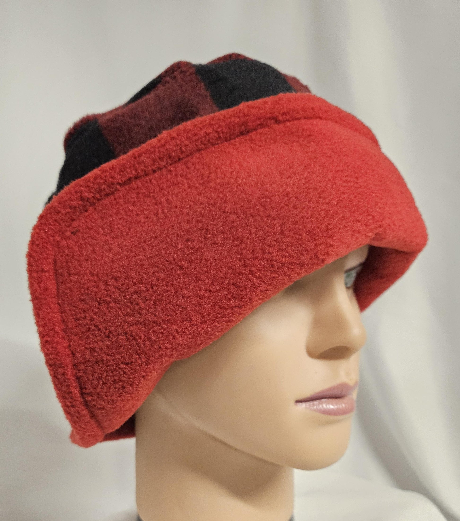Red and Black Buffalo Check with Black Flapper Anti Pill Fleece Winter Flapper Hat Large with Right Flap