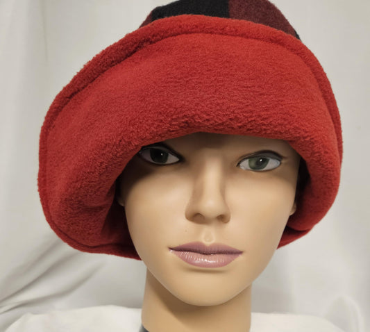 Red and Black Buffalo Check with Black Flapper Anti Pill Fleece Winter Flapper Hat Large with Right Flap