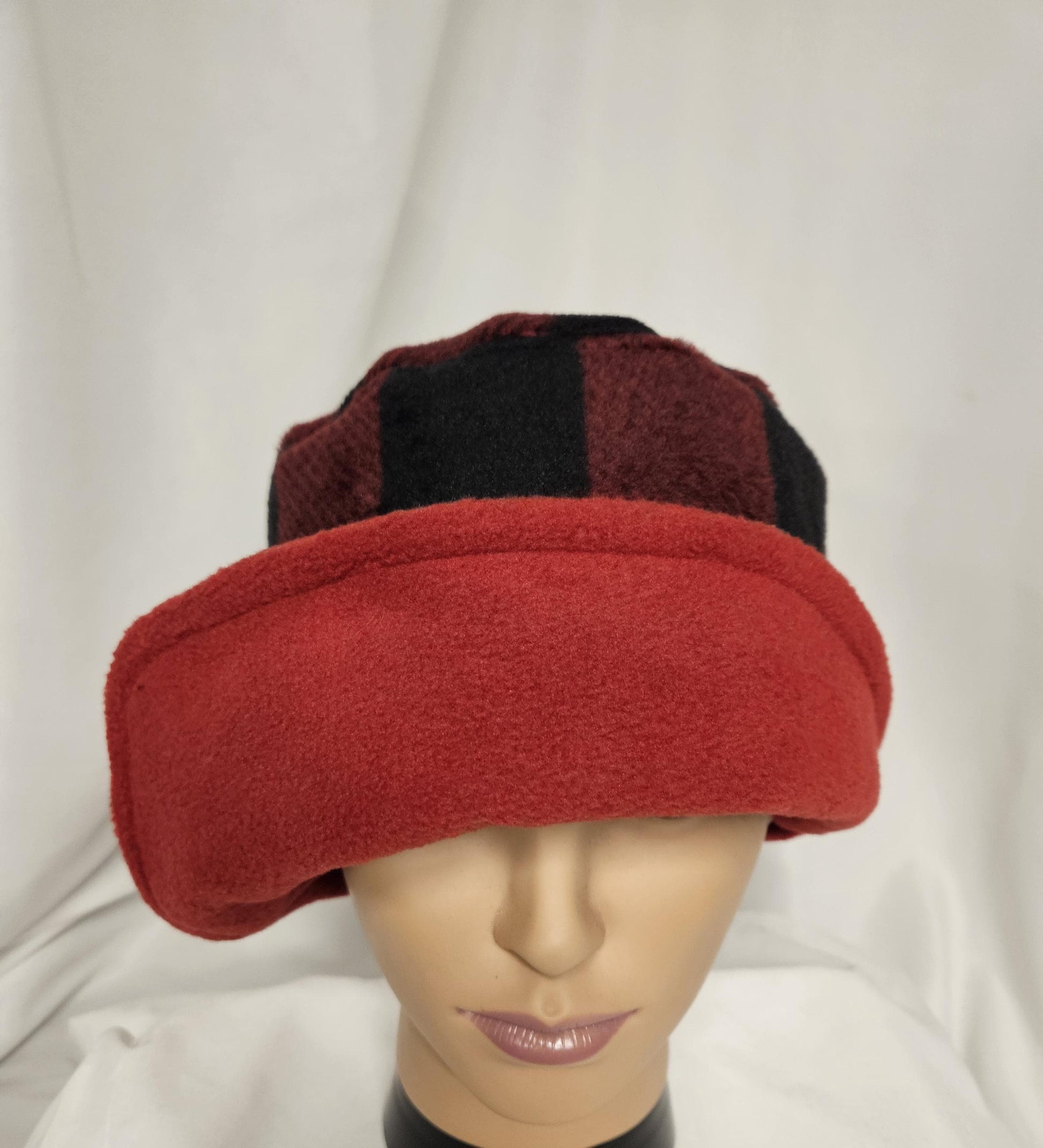 Red and Black Buffalo Check with Black Flapper Anti Pill Fleece Winter Flapper Hat Large with Right Flap
