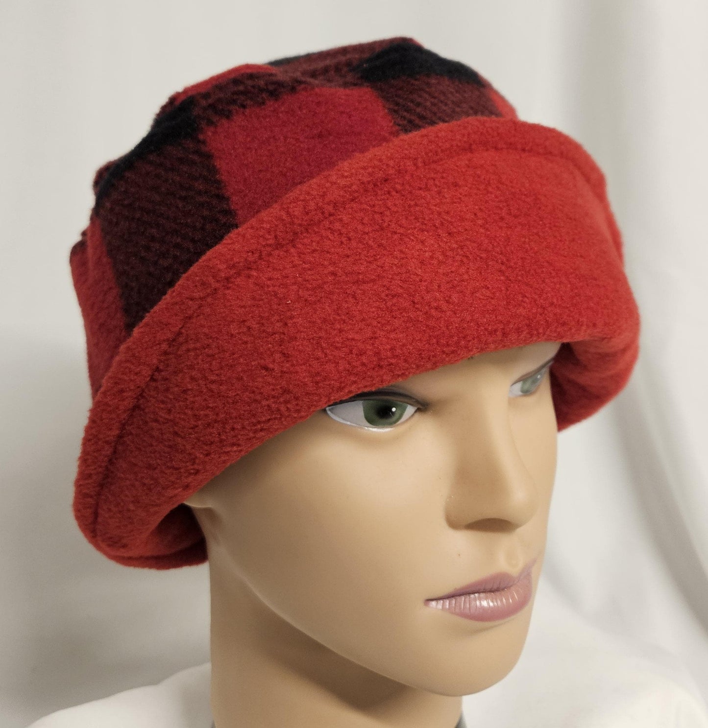 Red and Black Buffalo Check with Black Flapper Anti Pill Fleece Winter Flapper Hat Size Large with Left Side Flap