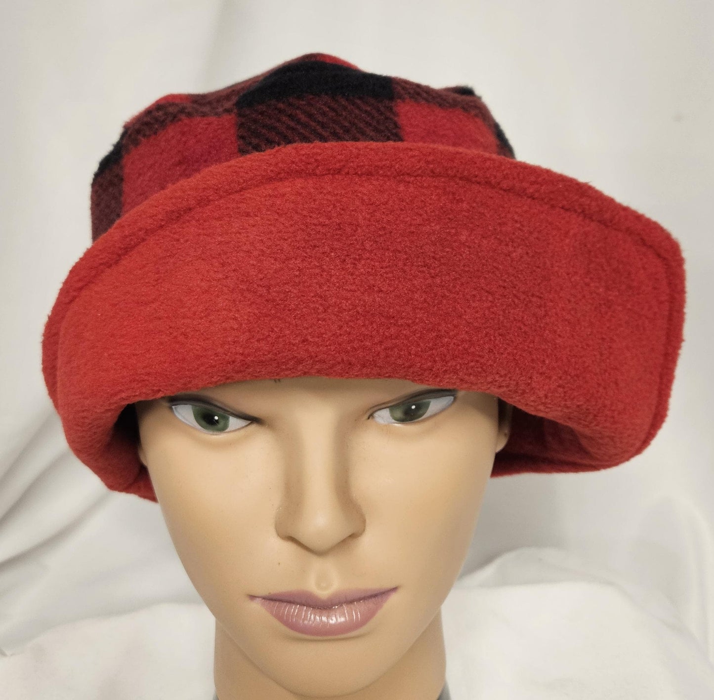 Red and Black Buffalo Check with Black Flapper Anti Pill Fleece Winter Flapper Hat Size Large with Left Side Flap