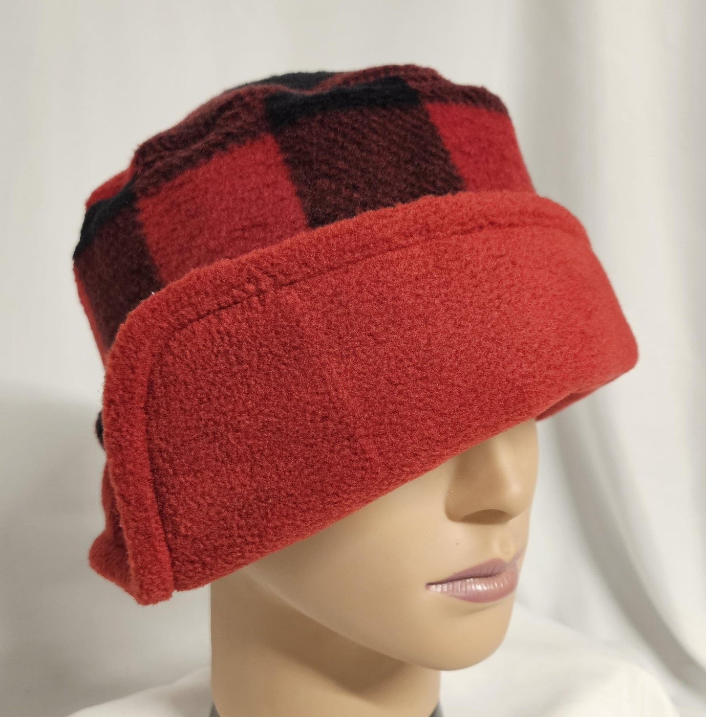 Red and Black Buffalo Check with Black Flapper Anti Pill Fleece Winter Flapper Hat Size Large with Right Flap