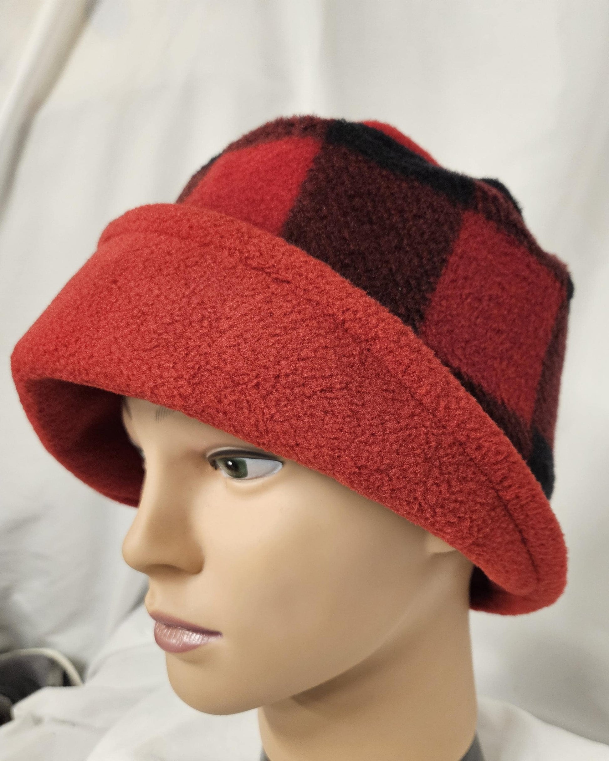 Red and Black Buffalo Check with Black Flapper Anti Pill Fleece Winter Flapper Hat Size Large with Right Flap
