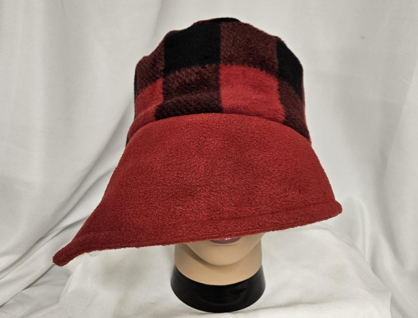 Red and Black Buffalo Check with Black Flapper Anti Pill Fleece Winter Flapper Hat Large with Right Flap