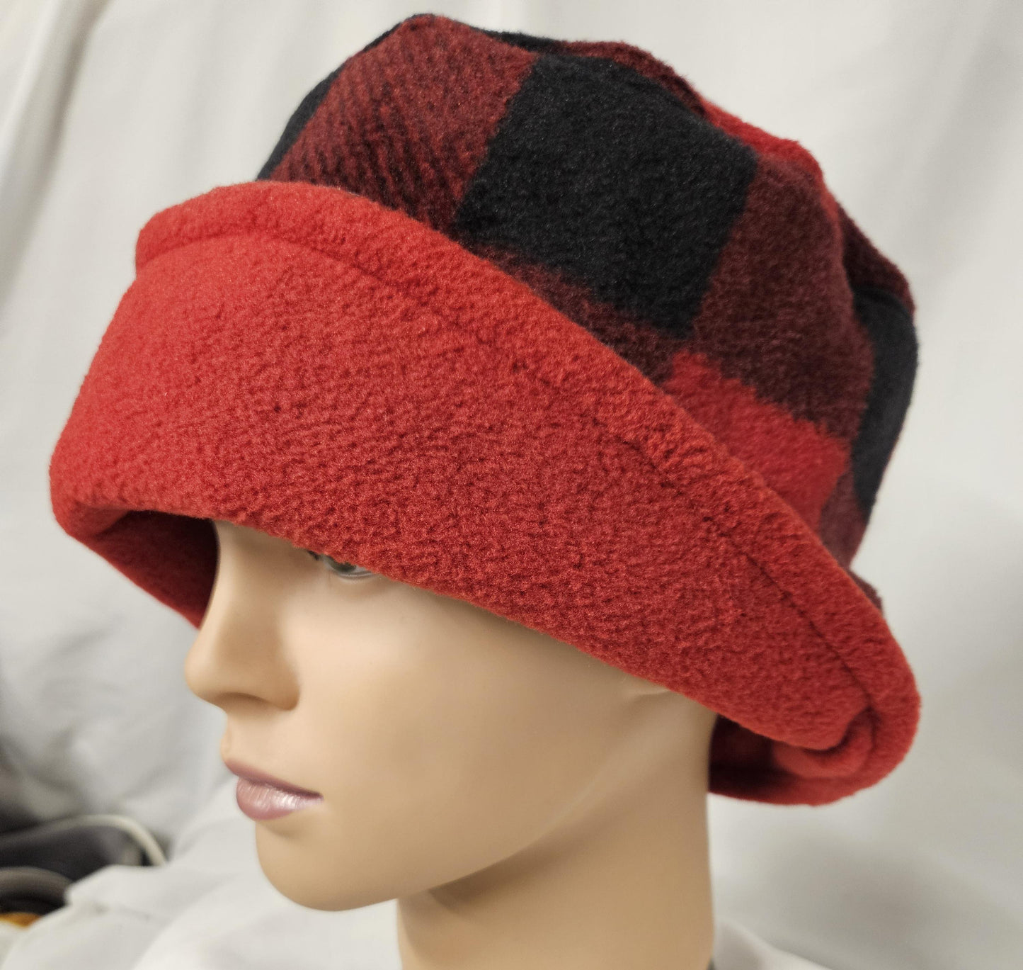 Red and Black Buffalo Check with Black Flapper Anti Pill Fleece Winter Flapper Hat Large with Right Flap