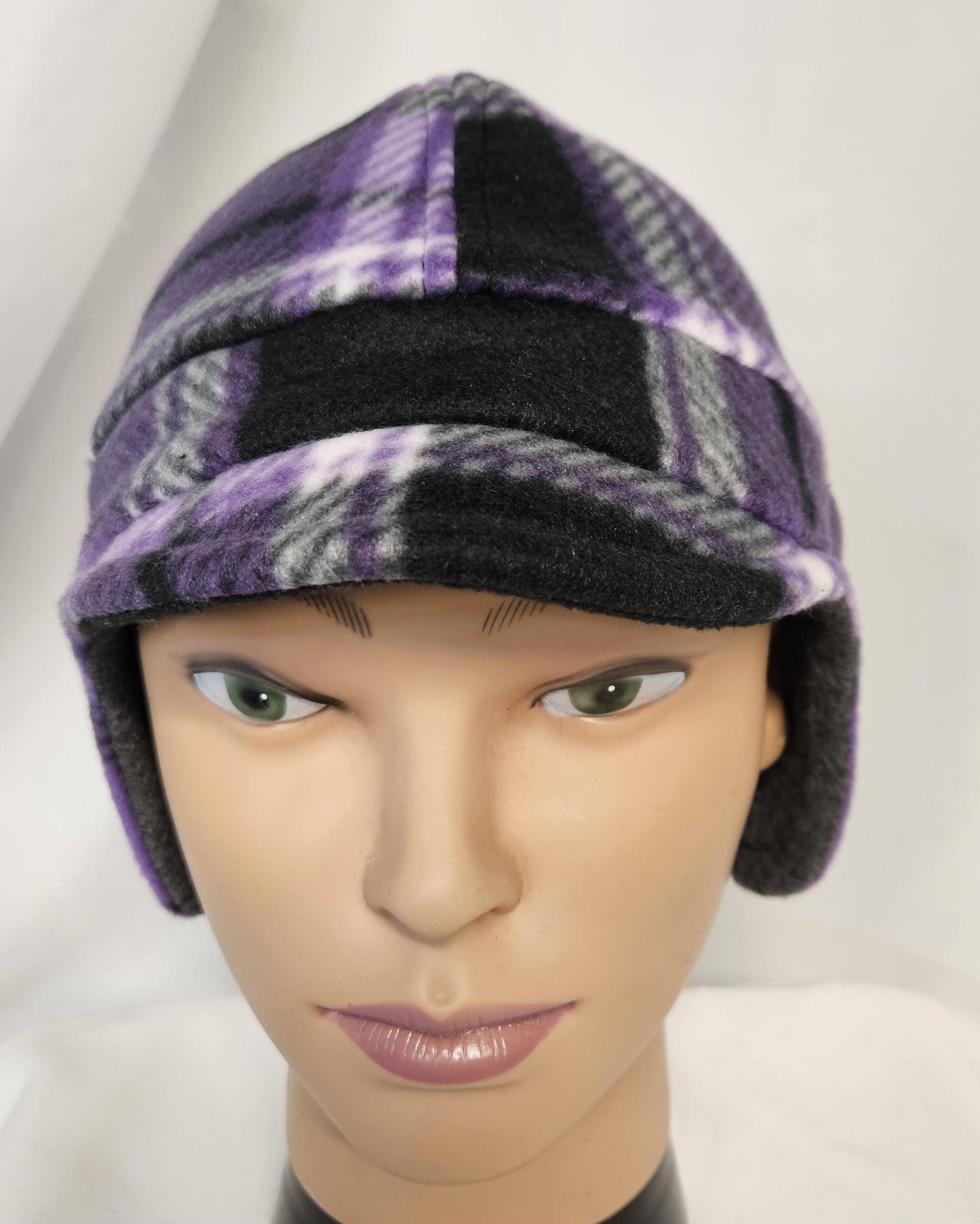 Purple Plaid Fleece Winter Cap with Visor: Fleece Winter Cap with Visor, unisex with ear protection, Medium Size 22.5" circumference