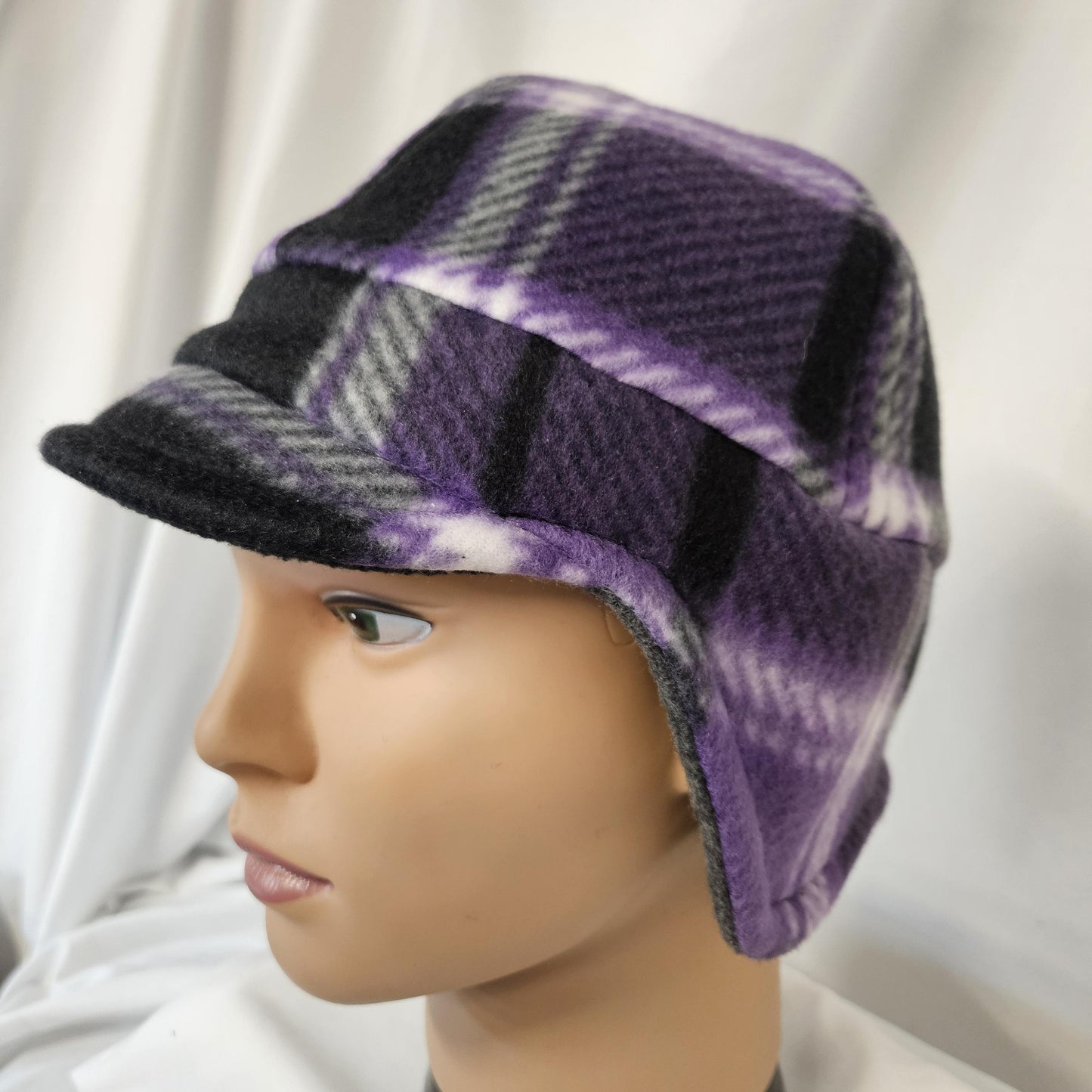 Purple Plaid Fleece Winter Cap with Visor: Fleece Winter Cap with Visor, unisex with ear protection, Medium Size 22.5" circumference