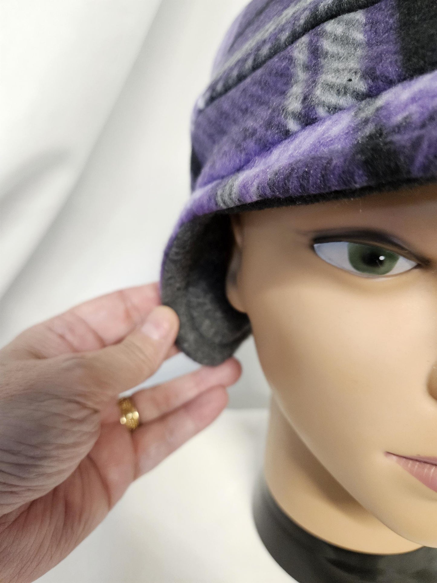 Purple Plaid Fleece Winter Cap with Visor: Fleece Winter Cap with Visor, unisex with ear protection, Medium Size 22.5" circumference