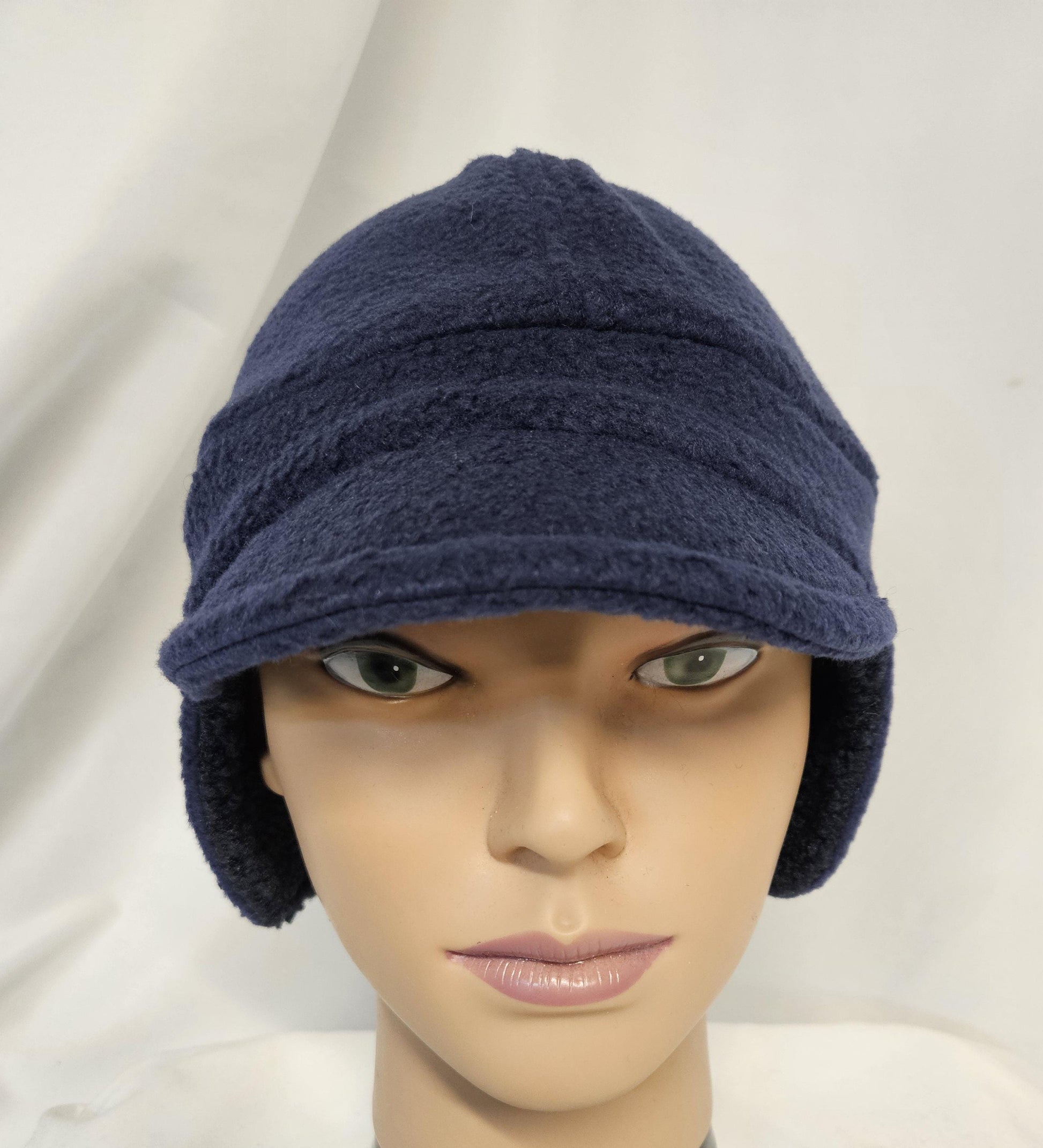Navy Blue Fleece Winter Cap with Visor: Fleece Winter Cap with Visor, unisex with ear protection, Medium Size 22.5" circumference