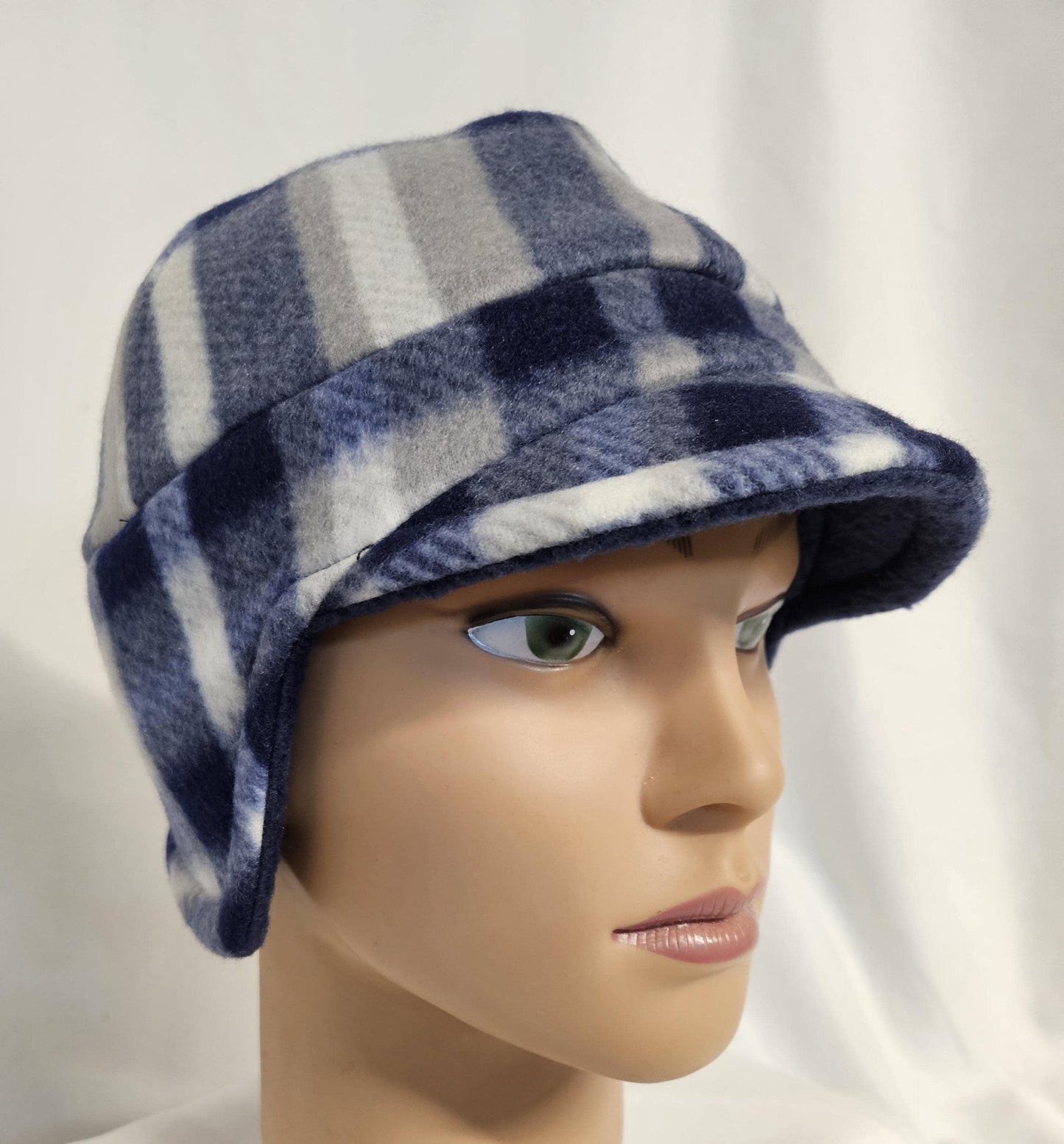 Blue Plaid Fleece Winter Cap with Visor: Fleece Winter Cap with Visor, unisex with ear protection, Medium Size 22.5" circumference