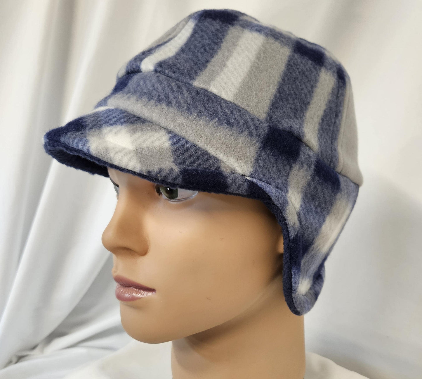 Blue Plaid Fleece Winter Cap with Visor: Fleece Winter Cap with Visor, unisex with ear protection, Medium Size 22.5" circumference