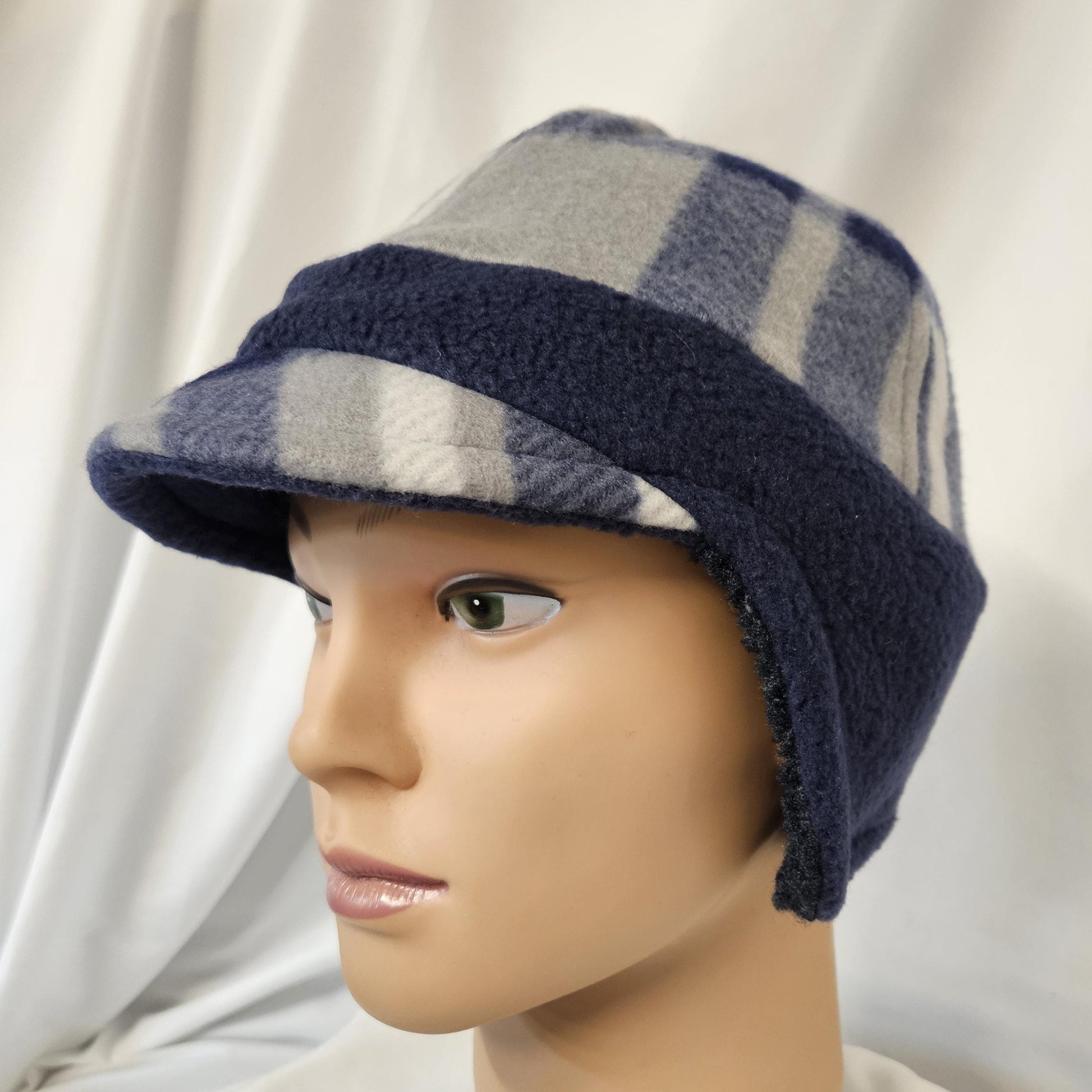 Blue Plaid Fleece Winter Cap with Visor: Fleece Winter Cap with sherpa earflap, unisex with ear protection, Medium Size 22.5" circumference