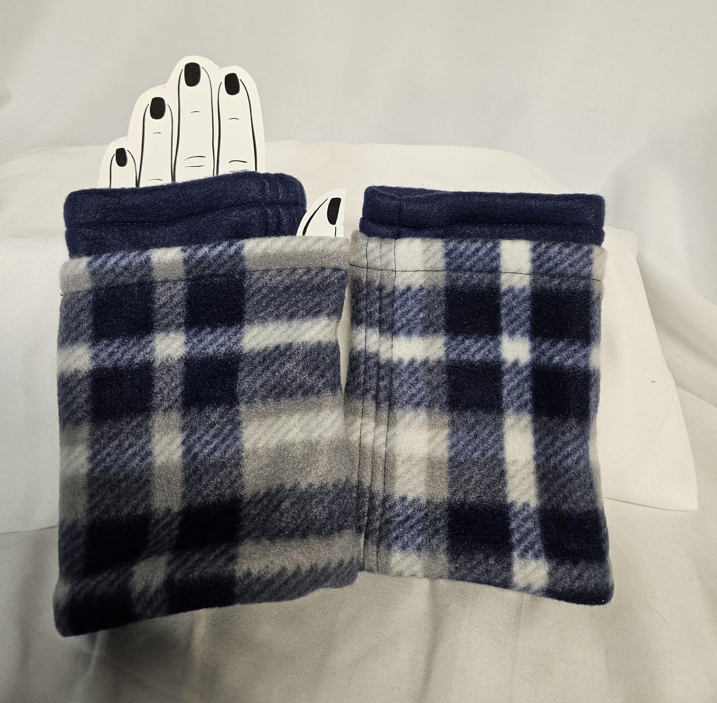 Blue Plaid Fleece Fingerless Gloves Winter Warm Half Finger Gloves Half Mitten, texting gloves