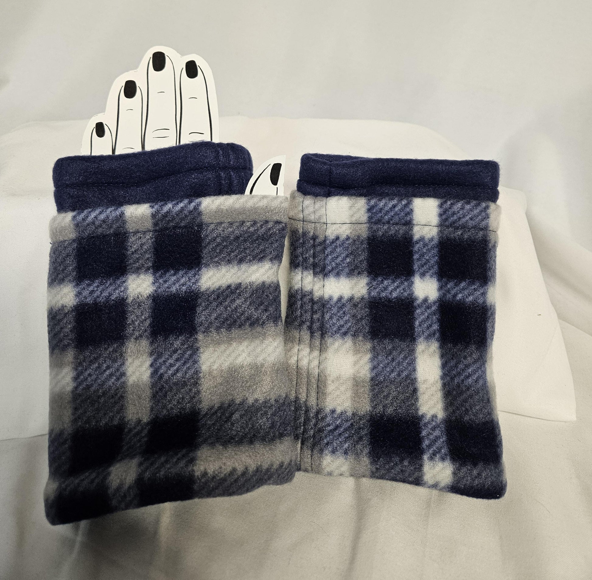Blue Plaid Fleece Fingerless Gloves Winter Warm Half Finger Gloves Half Mitten, texting gloves