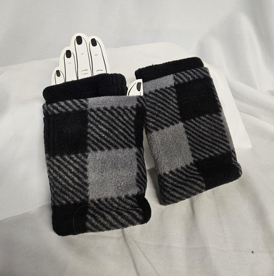 Black and Gray Buffalo Check Fleece Fingerless Gloves; Fleece Fingerless Gloves Winter Warm Half Finger Gloves Half Mitten, texting gloves