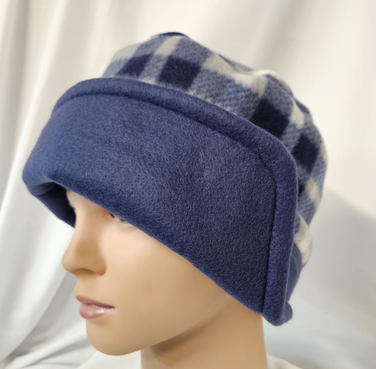 Blue Plaid Fleece Winter Left Side Flapper Hat