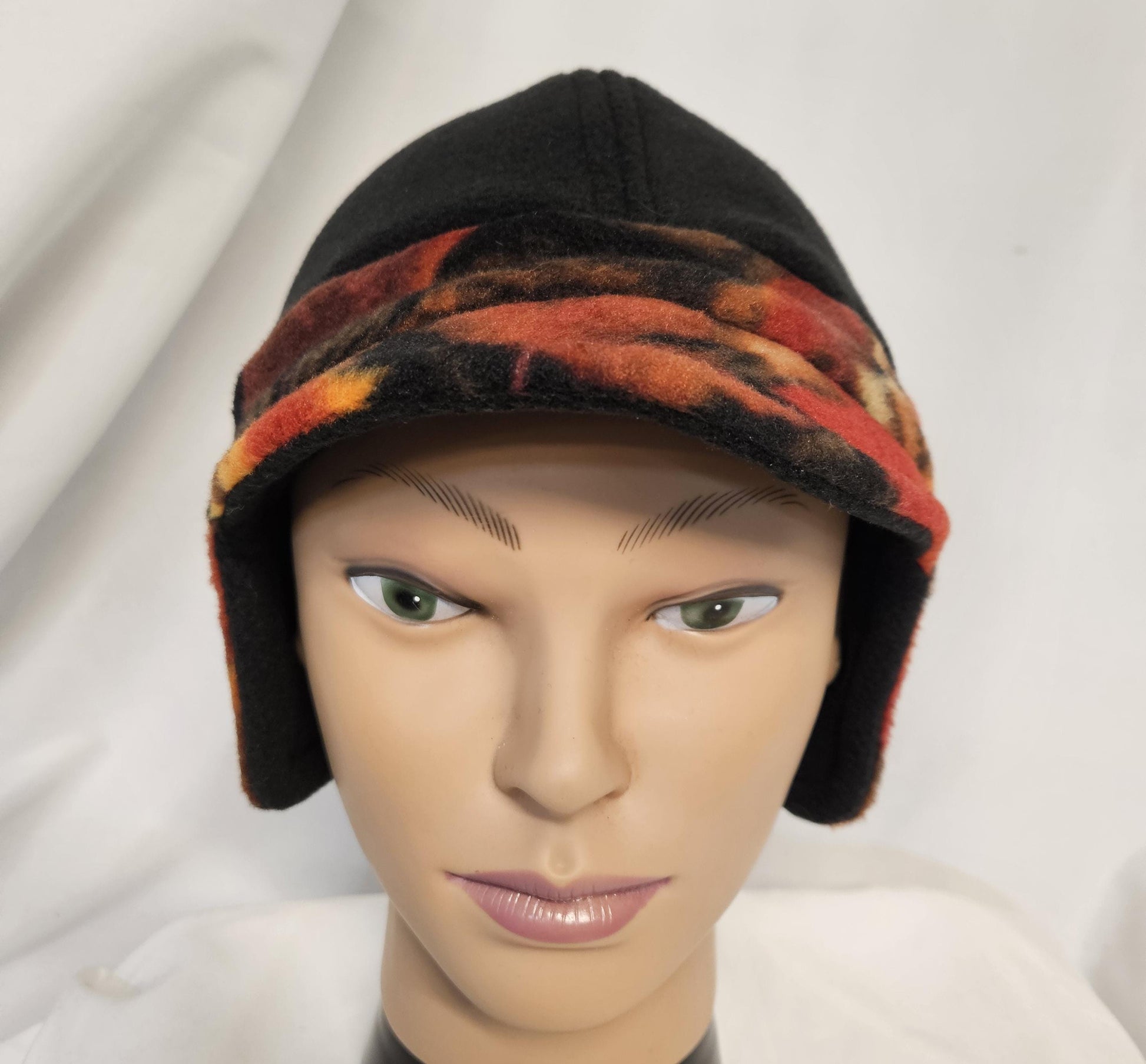 Black and Autumn Leaves Print Fleece Winter Cap with Visor: Fleece Winter Cap with Visor with ear protection, Med Size 22.5" circumference