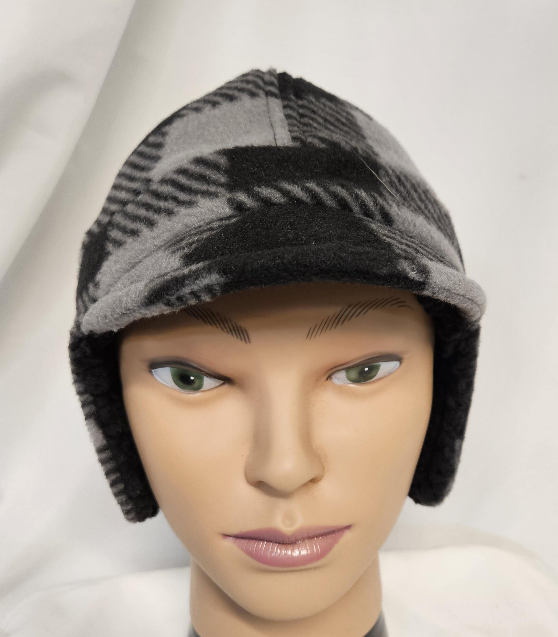 Black and gray check Fleece Winter Cap with Visor: Fleece Winter Cap with Visor, unisex with ear protection, Medium Size 22.5" circumference