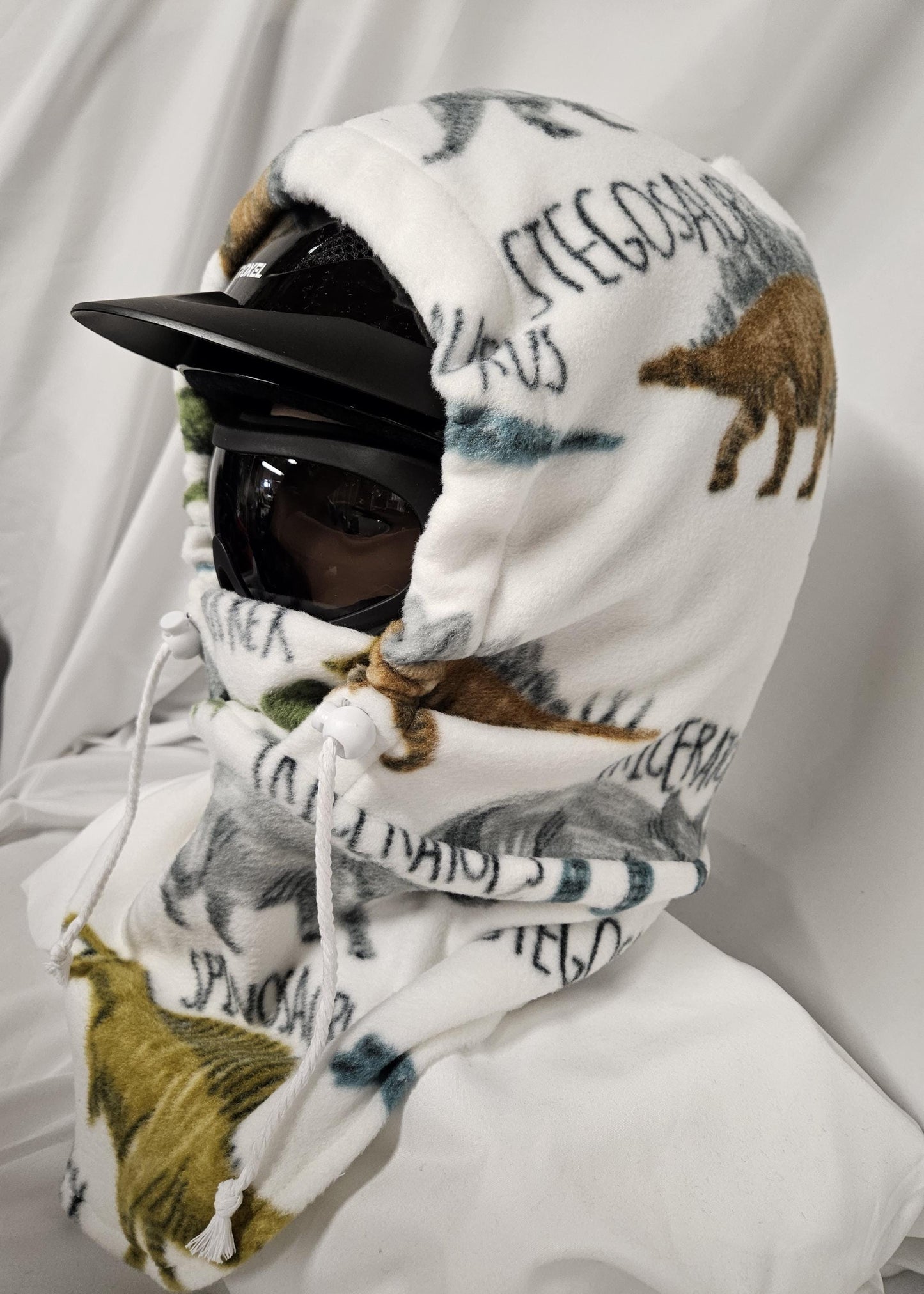 Dino with Words Anti Pill Fleece Large Hoodaclava, Riding Helmet Cover, Hoodie Hat, Ski Mask, 4-in-1 Fleece Hood Cover, Winter Hat, Snood