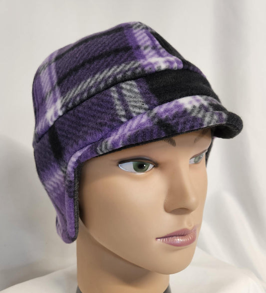 Purple Plaid Fleece Winter Cap with Visor: Fleece Winter Cap with Visor, unisex with ear protection, Medium Size 22.5" circumference