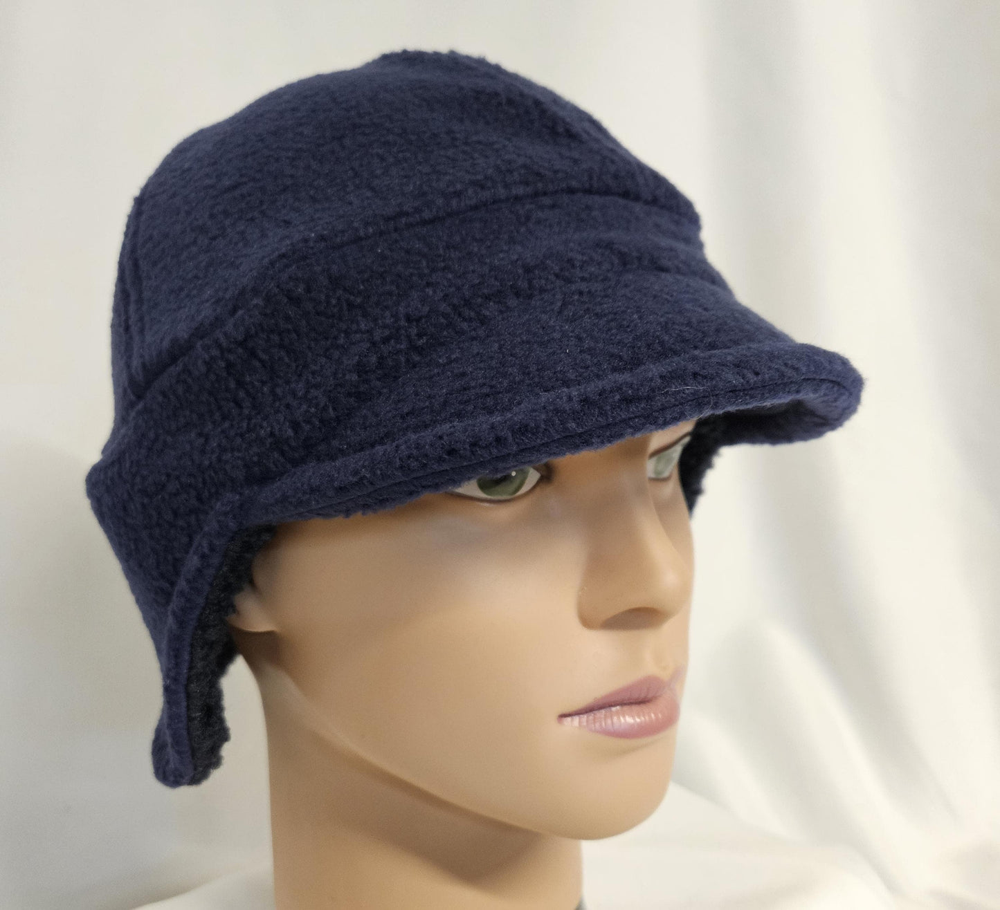 Navy Blue Fleece Winter Cap with Visor with sherpa lining: Fleece Winter Cap, unisex with ear protection, Medium Size 22.5" circumference