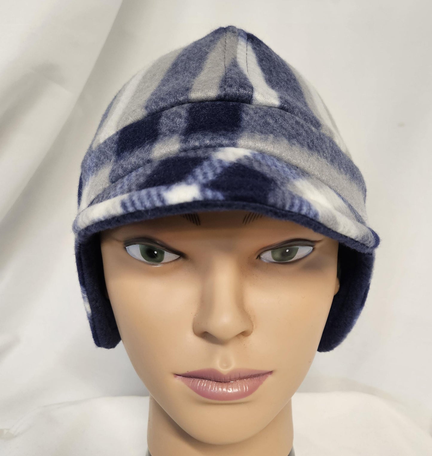 Blue Plaid Fleece Winter Cap with Visor: Fleece Winter Cap with Visor, unisex with ear protection, Medium Size 22.5" circumference