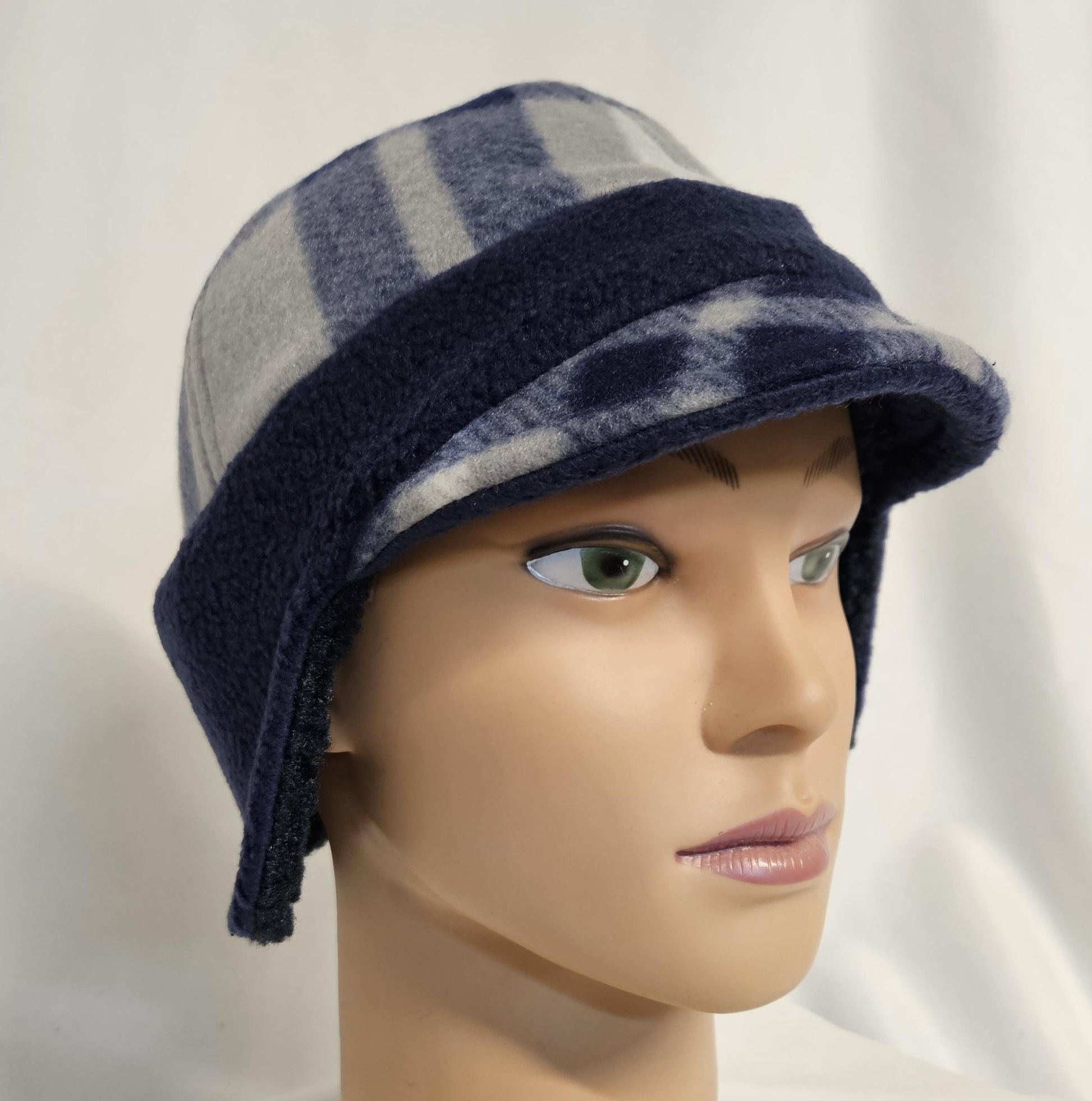 Blue Plaid Fleece Winter Cap with Visor: Fleece Winter Cap with sherpa earflap, unisex with ear protection, Medium Size 22.5" circumference
