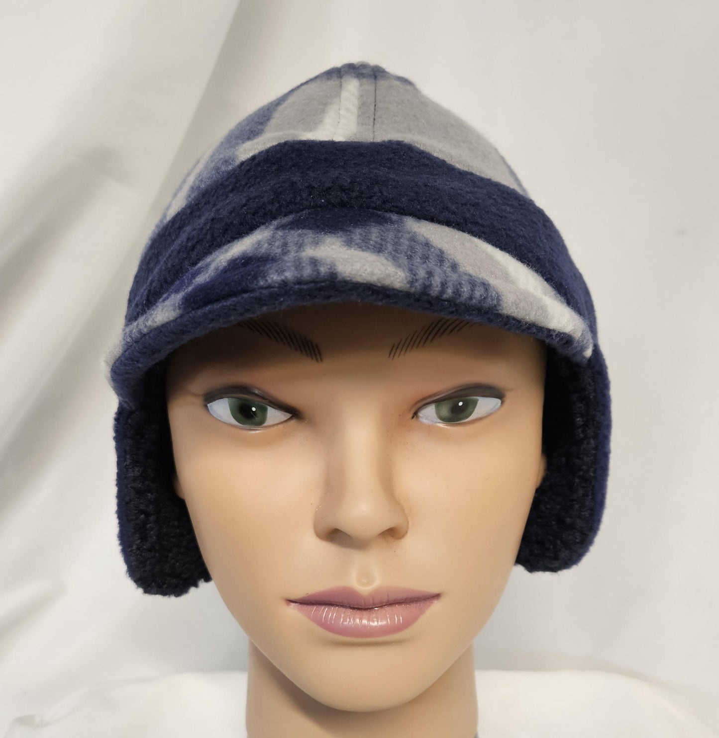 Blue Plaid Fleece Winter Cap with Visor: Fleece Winter Cap with sherpa earflap, unisex with ear protection, Medium Size 22.5" circumference