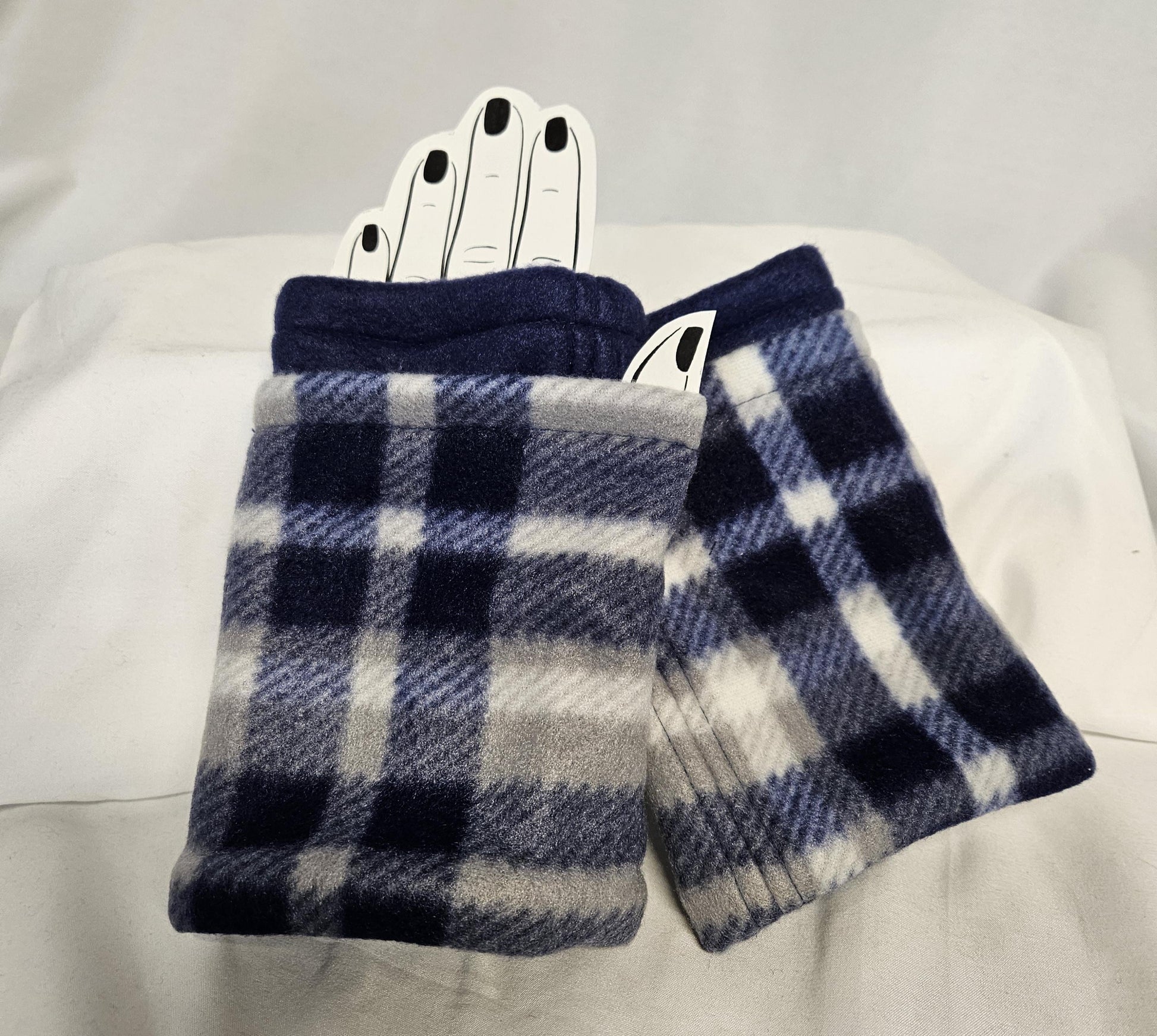 Blue Plaid Fleece Fingerless Gloves Winter Warm Half Finger Gloves Half Mitten, texting gloves