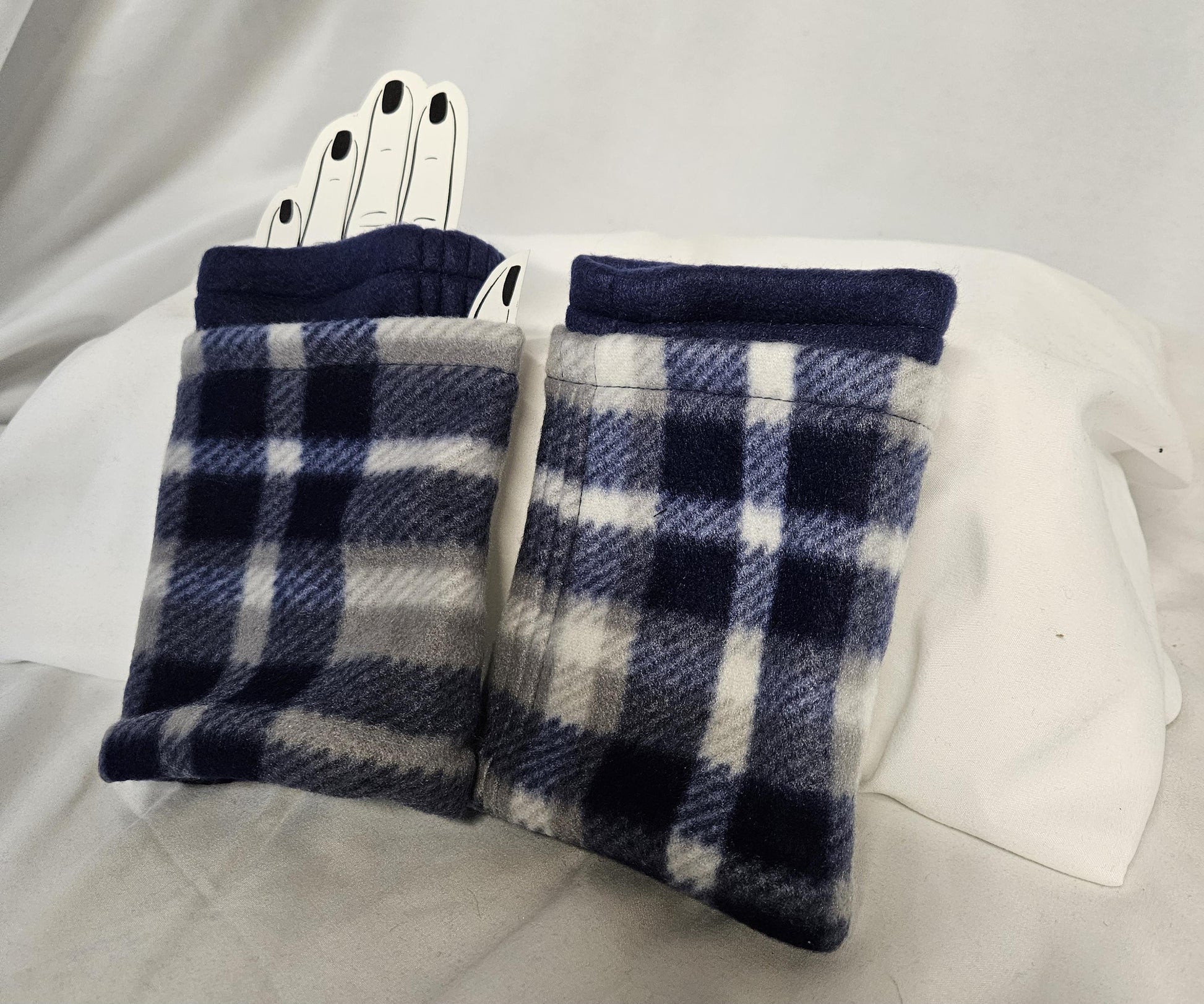 Blue Plaid Fleece Fingerless Gloves Winter Warm Half Finger Gloves Half Mitten, texting gloves