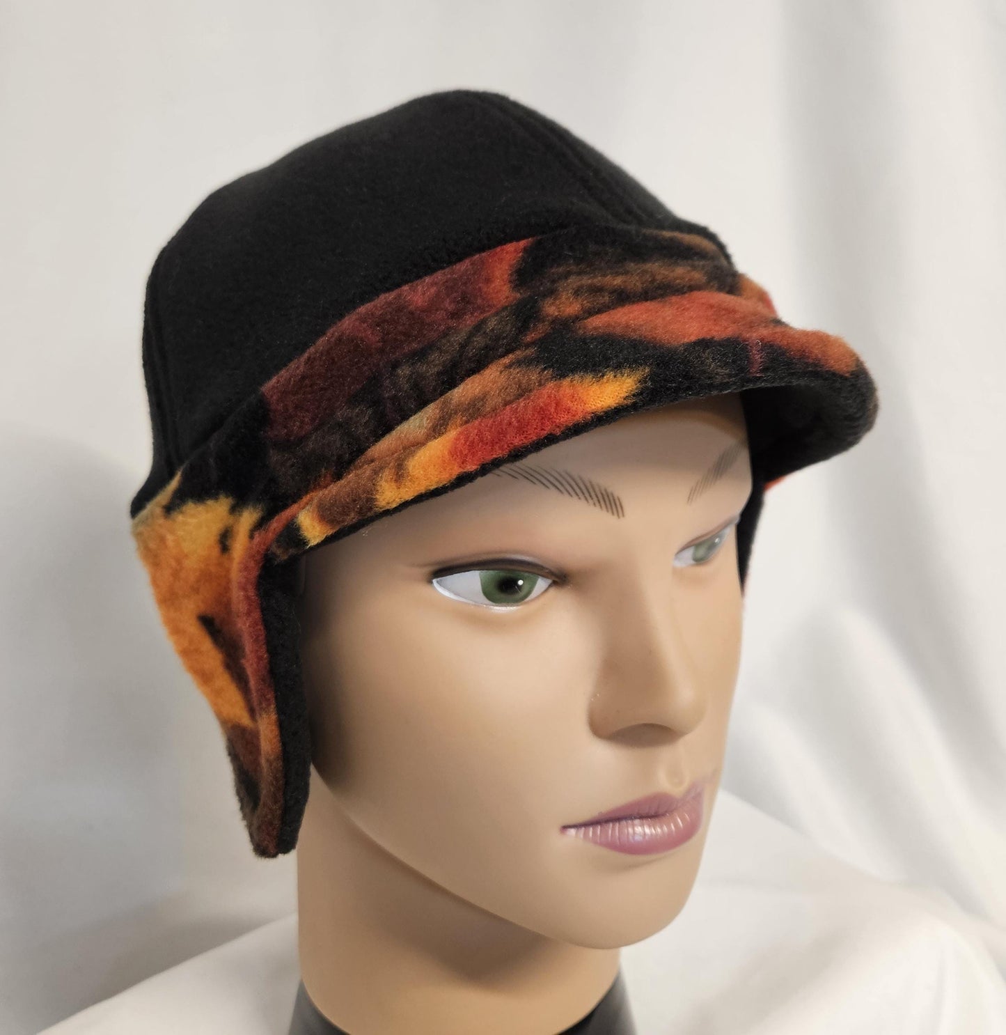 Black and Autumn Leaves Print Fleece Winter Cap with Visor: Fleece Winter Cap with Visor with ear protection, Med Size 22.5" circumference
