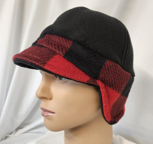Black and Red Buffalo Check Fleece Winter Cap with Visor: Fleece Winter Cap with Visor with ear protection, Medium Size 22.5" circumference